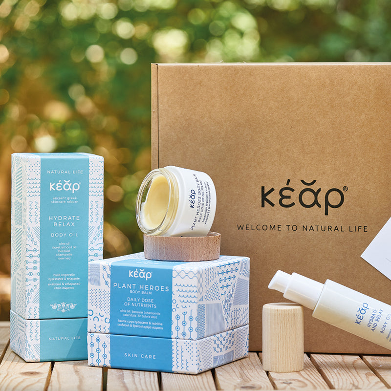 Kear natural skincare beauty care set with Plant Heroes body balm and Hydrate Relax body oil.