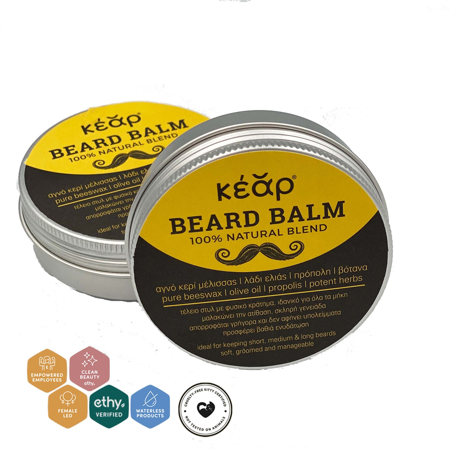Kear waterless Beard balm certifications - 100% natural blend.