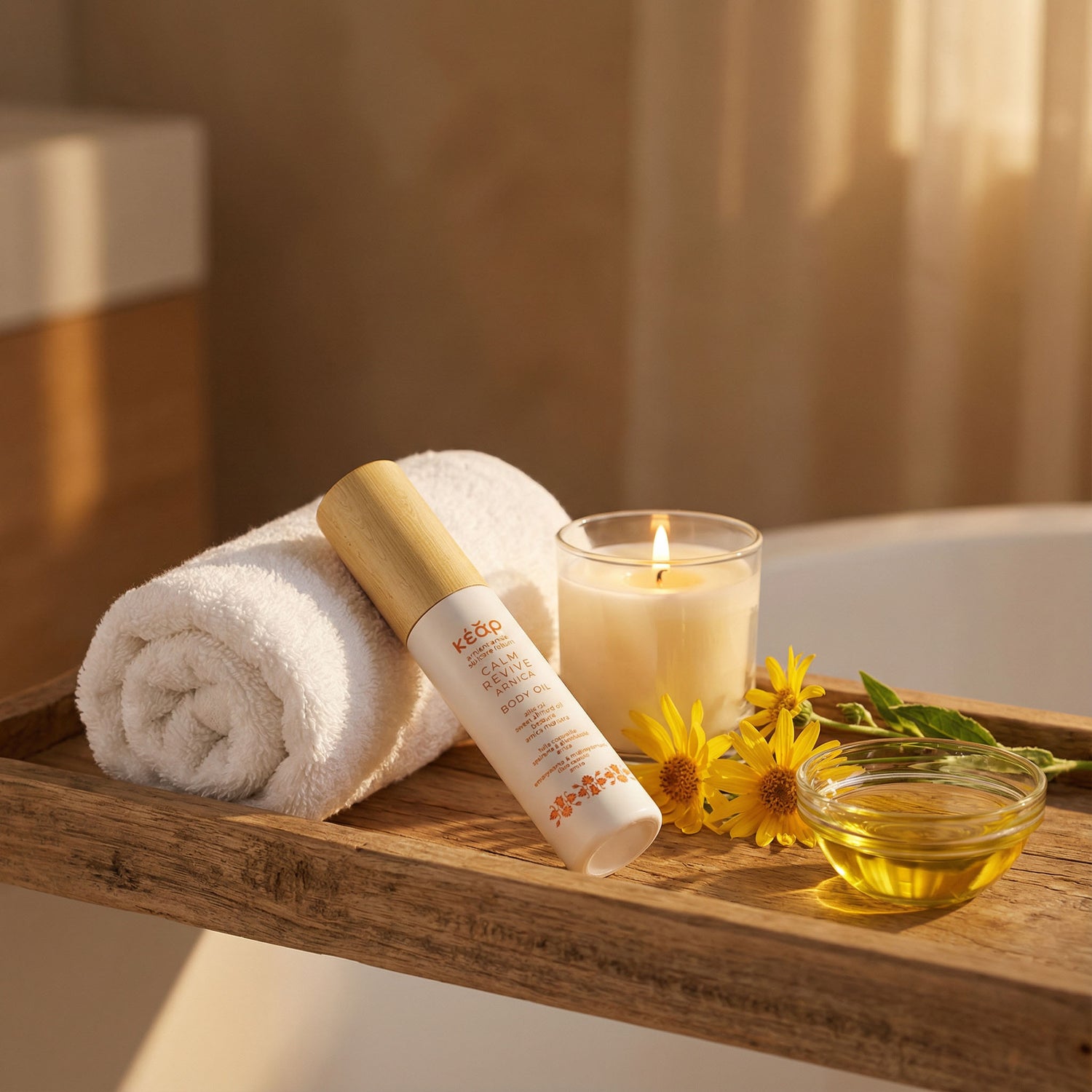 Bath tray with towel, Kear Calm Revive body oil with arnica extract, candle, and flowers in a warm bathroom setting