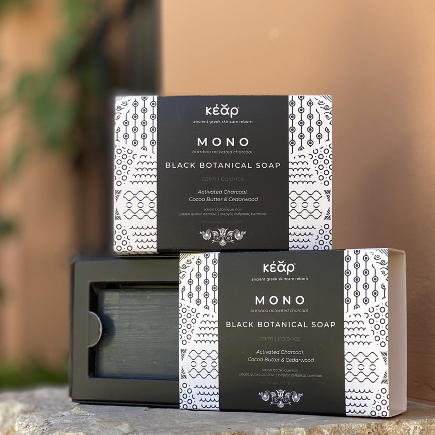 Set of two Kear MONO Black Botanical Soap bars with activated charcoal and 98% natural ingredients.