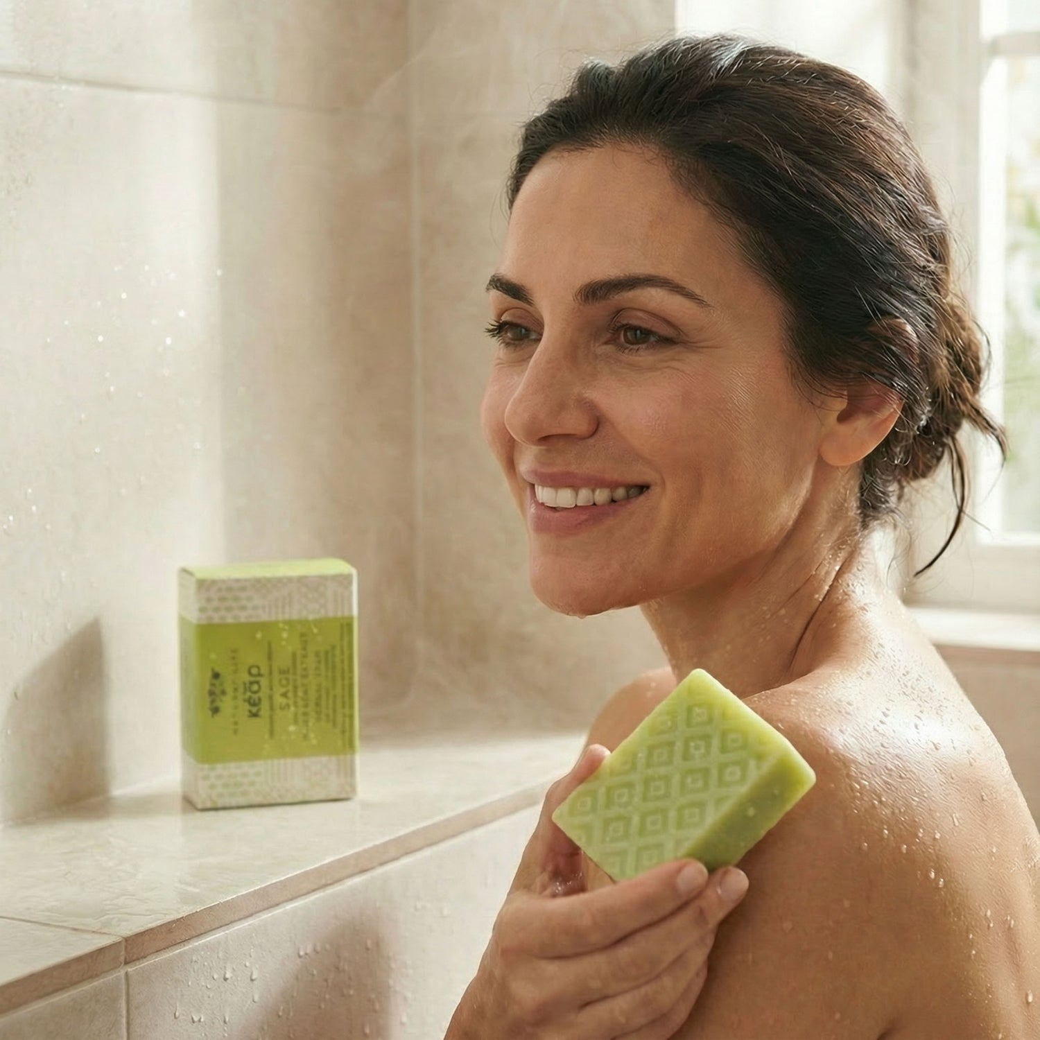 Woman using Kear Sage Olive Leaf Soap with 98% natural ingredients for body.