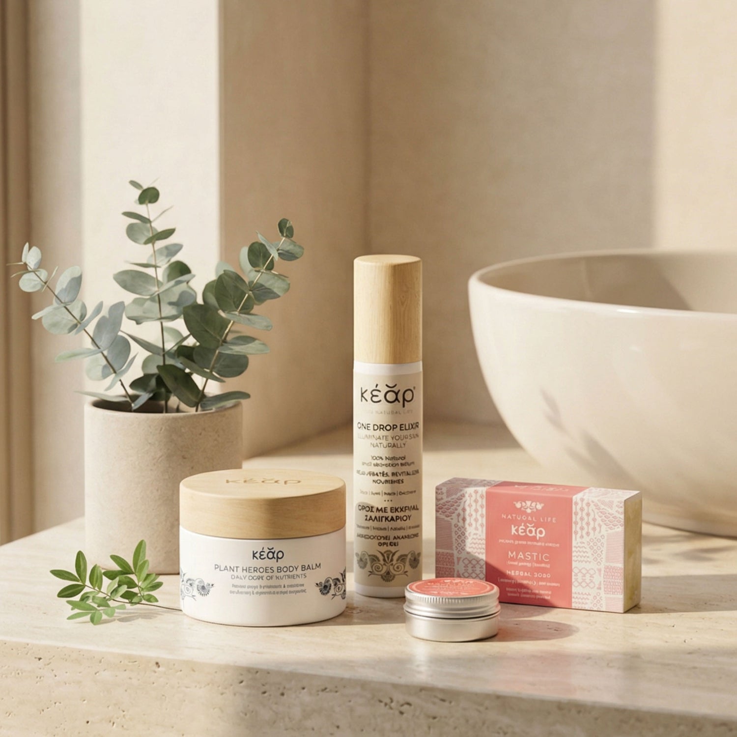 Kear Plant Heroes body balm, One Drop Elixir face, eyes serum and Mastic herbal soap on bath countertop.