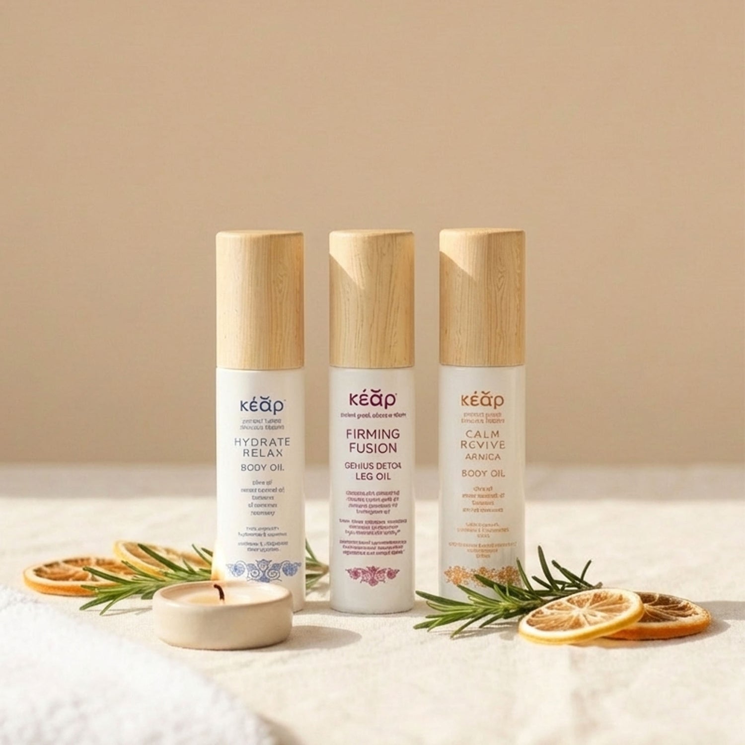 Kear Hydrate Relax body oil, Firming Fusion leg oil and Calm Revive body oil in beige background with dried orange and rosemary leaves.