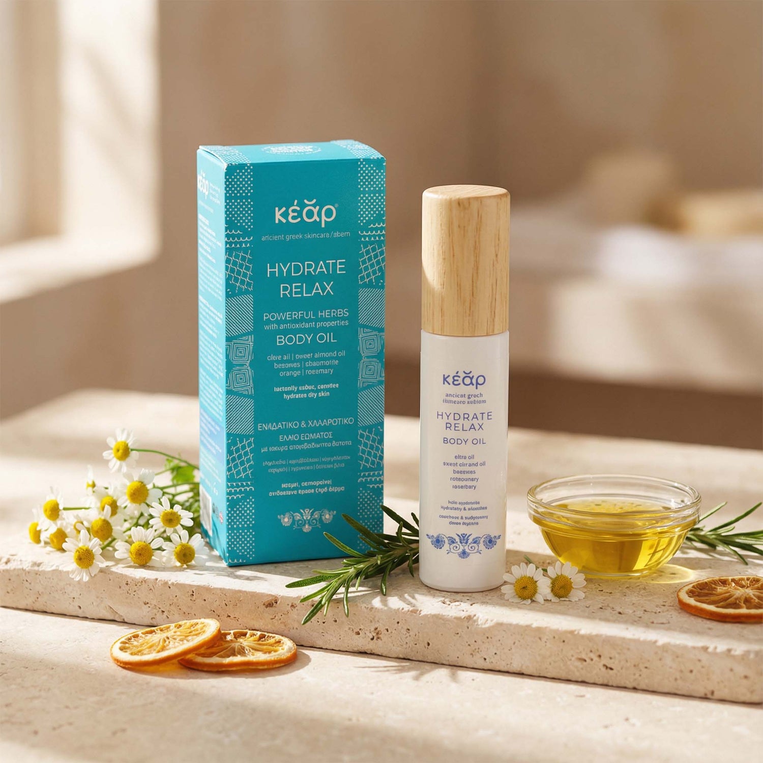 Kear waterless Hydrate Relax Body Oil with chamomile and rosemary.