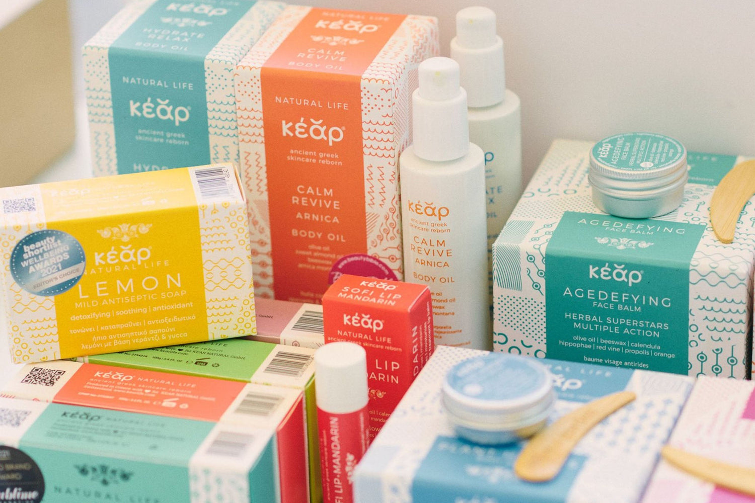 Collection of Kear natural skincare products on a white background.