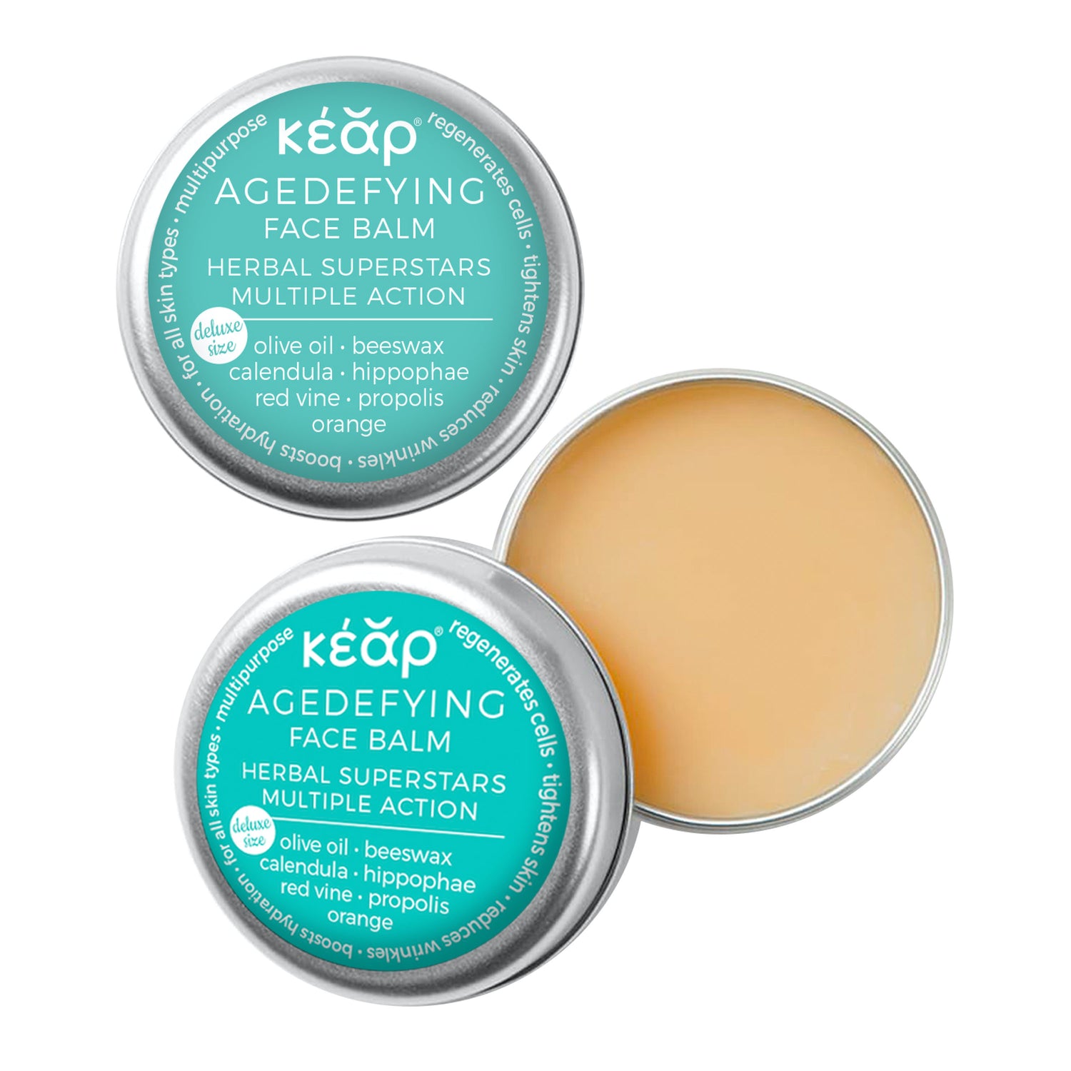 Closeup of Kear mini size waterless AgeDefying face balm.