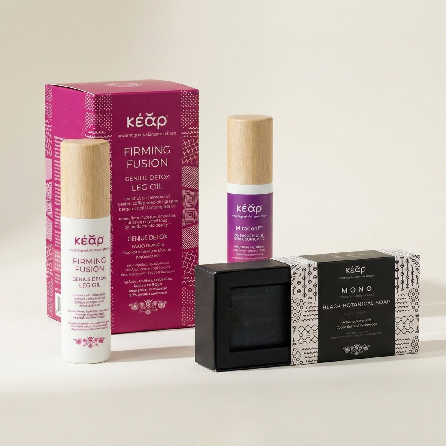 Kear natural skincare set with MiraCool face, eyes cream, Firming Fusion body oil, and MONO black botanical soap