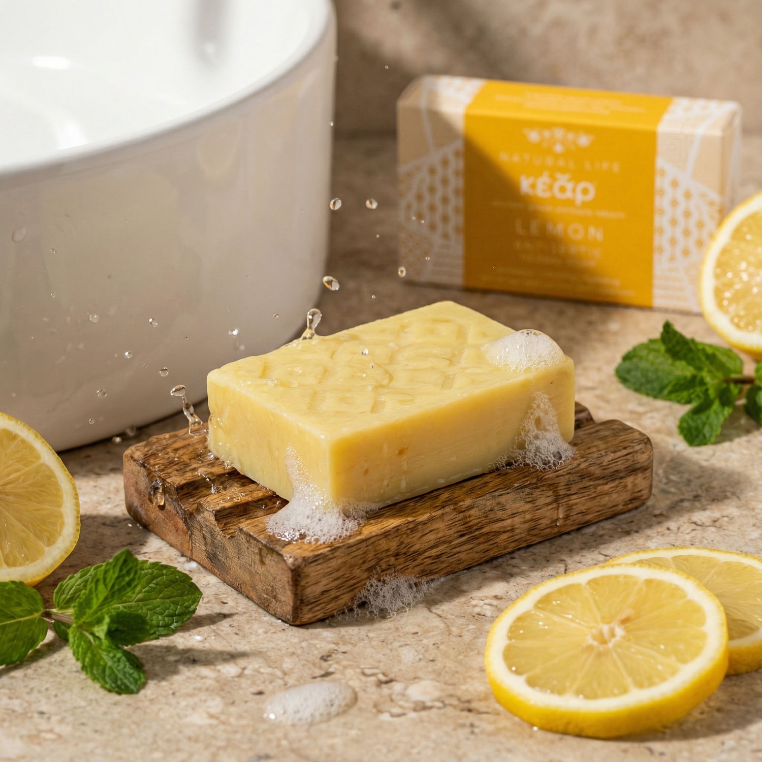 Bar of Kear Lemon herbal soap on a wooden soap dish with lemons and mint leaves on a stone surface.