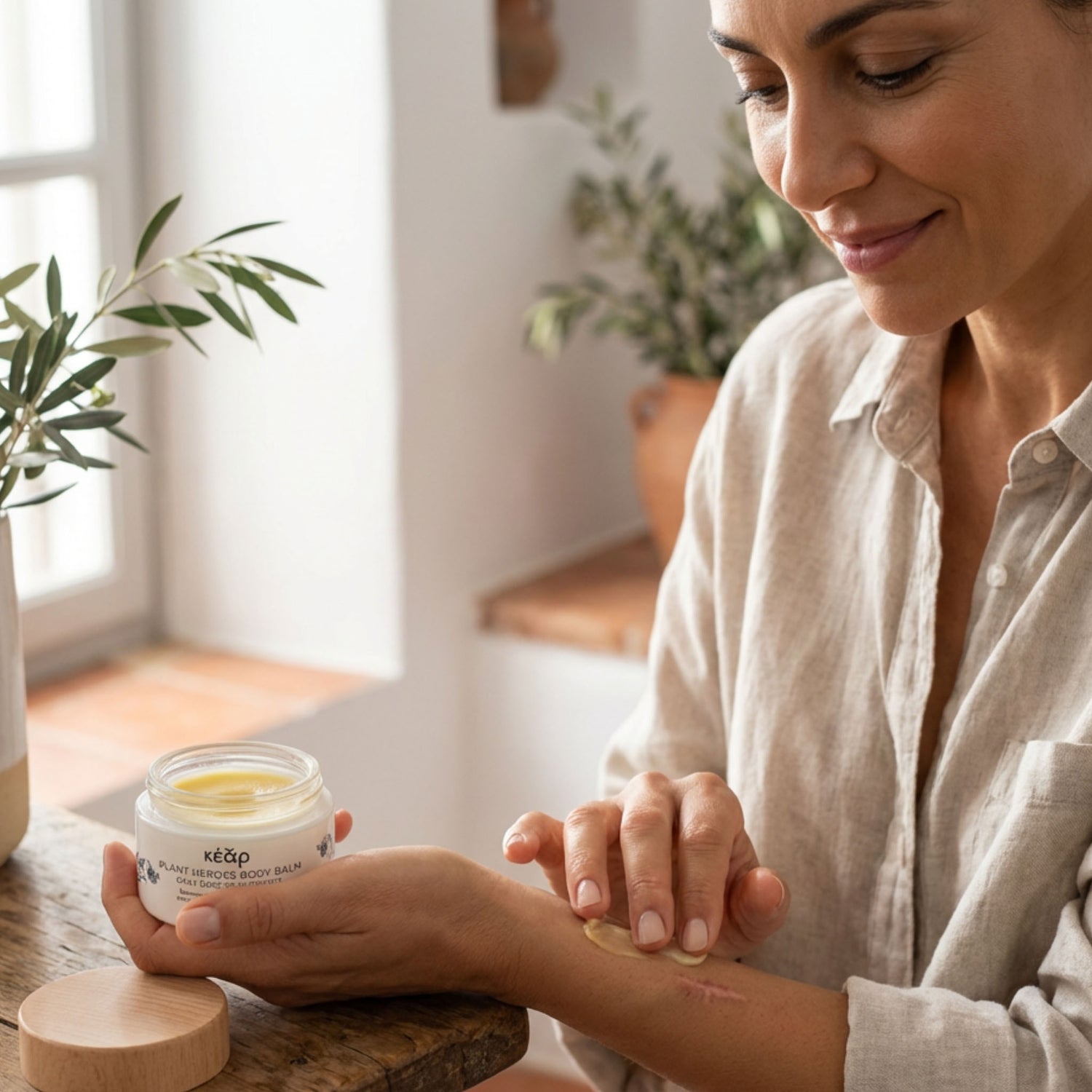 Woman applying Kear Plant Heroes waterless regenerating body balm on scar.