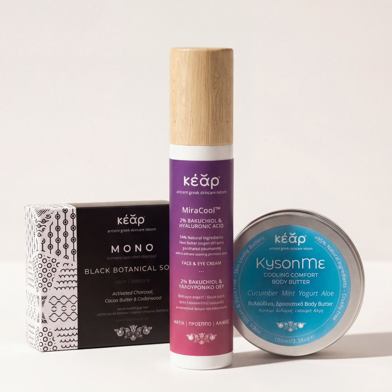 Kear natural skincare face and body set with MiraCool face and eyes cream, MONO black Botanical Herbal Soap and KysonMe body butter.