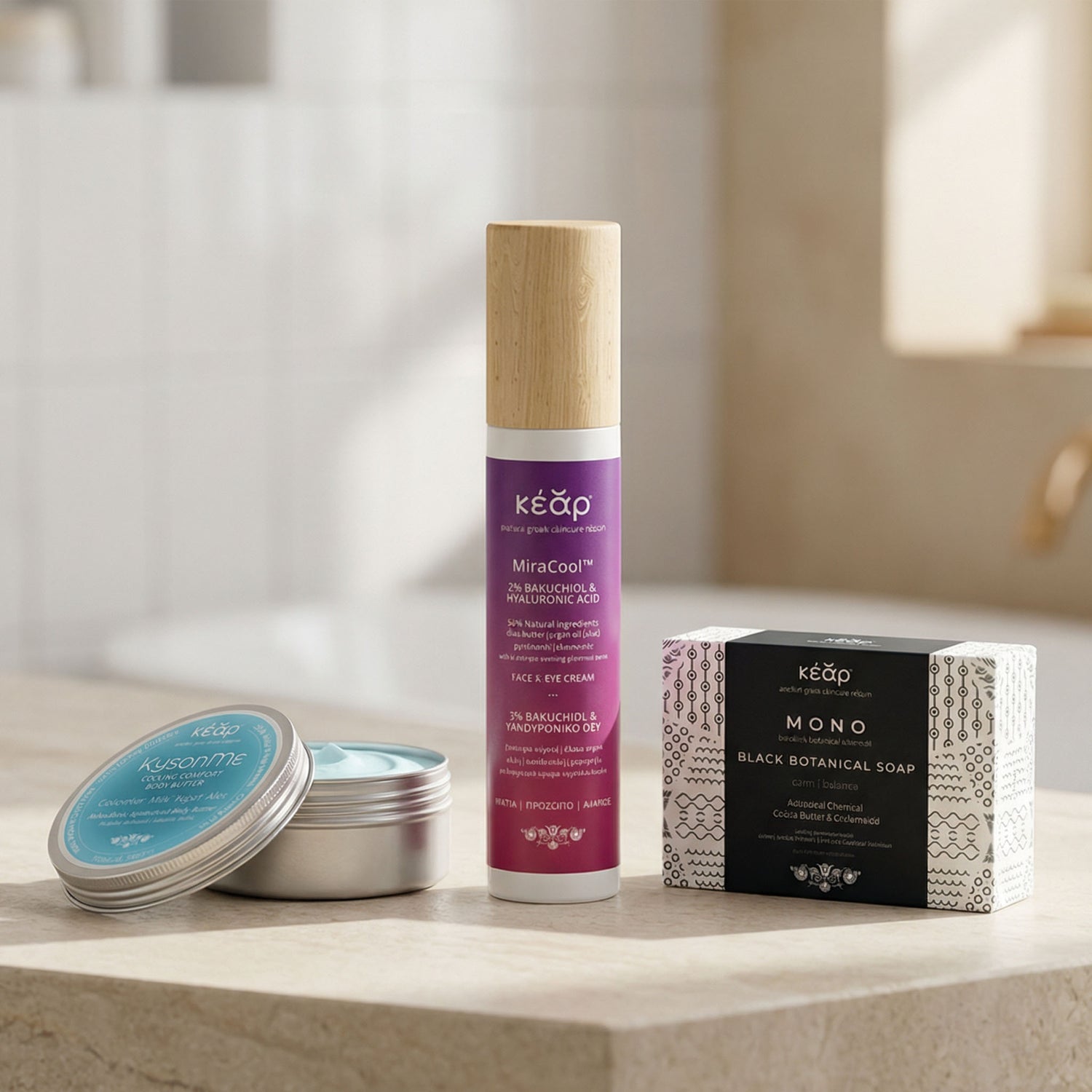 Lifestyle of Kear natural skincare face and body set with MiraCool face and eyes cream, MONO black Botanical Herbal Soap and KysonMe body butter.