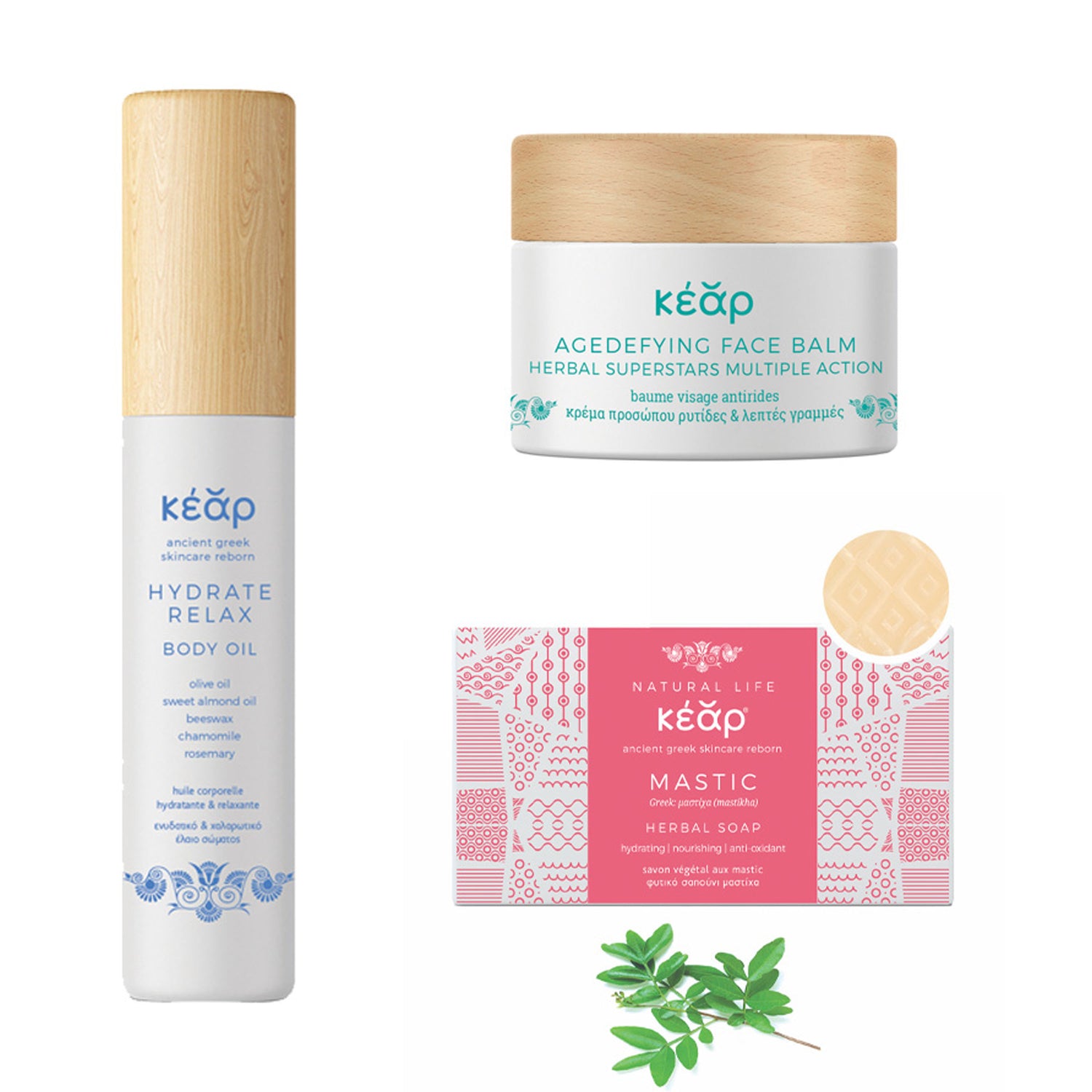 Kear natural skincare beauty set with Agedefying face balm, Hydrate Relax Body Oil and Mastic Herbal Soap.
