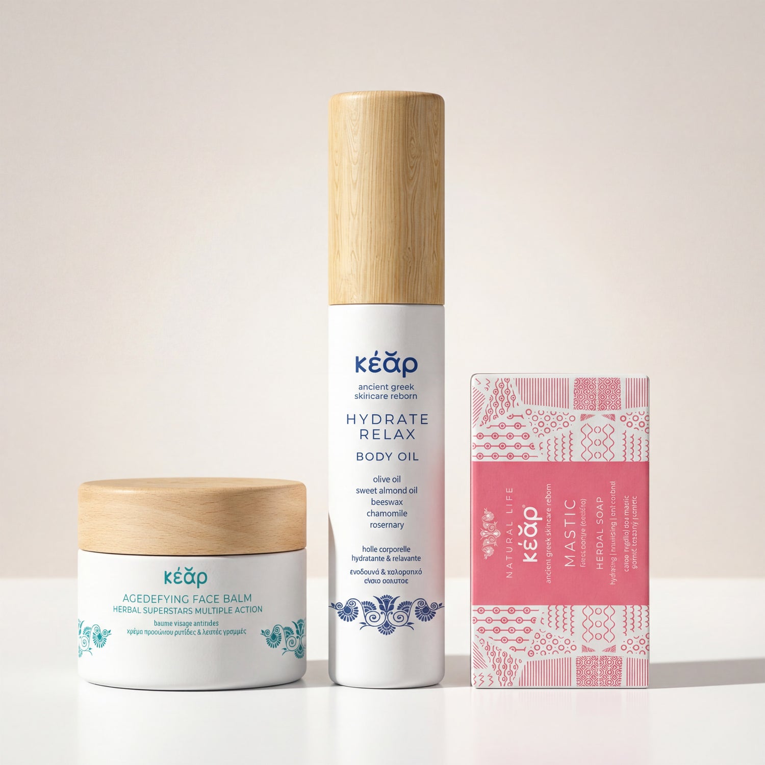 Kear natural skincare face and body set with Agedefying face balm, Hydrate Relax Body Oil and Mastic Herbal Soap.