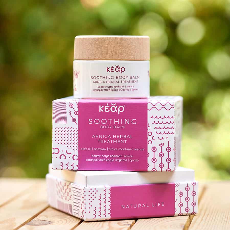 Kear packaging of waterless Soothing Body balm with arnica extract.