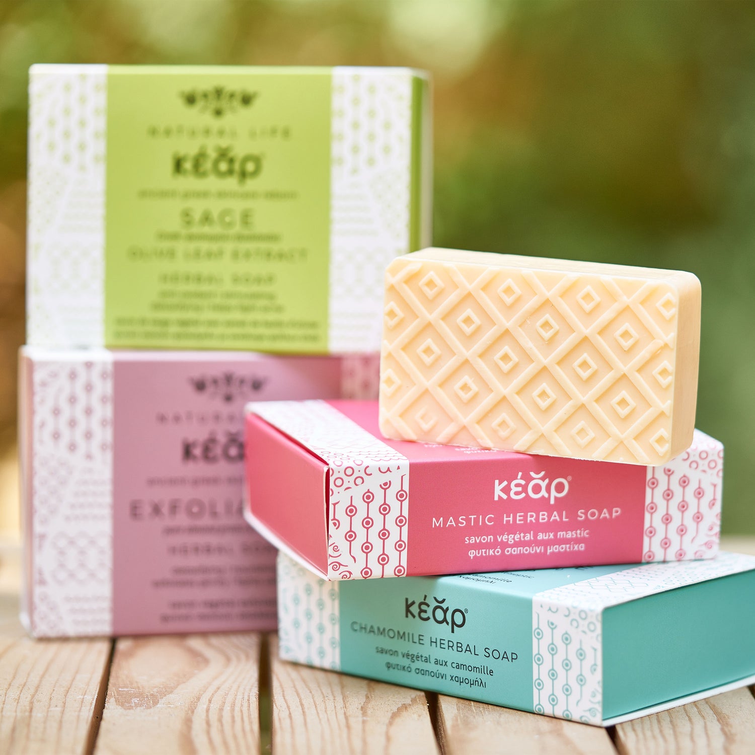 Closeup of Kear herbal soap bars for face and body cleansing.