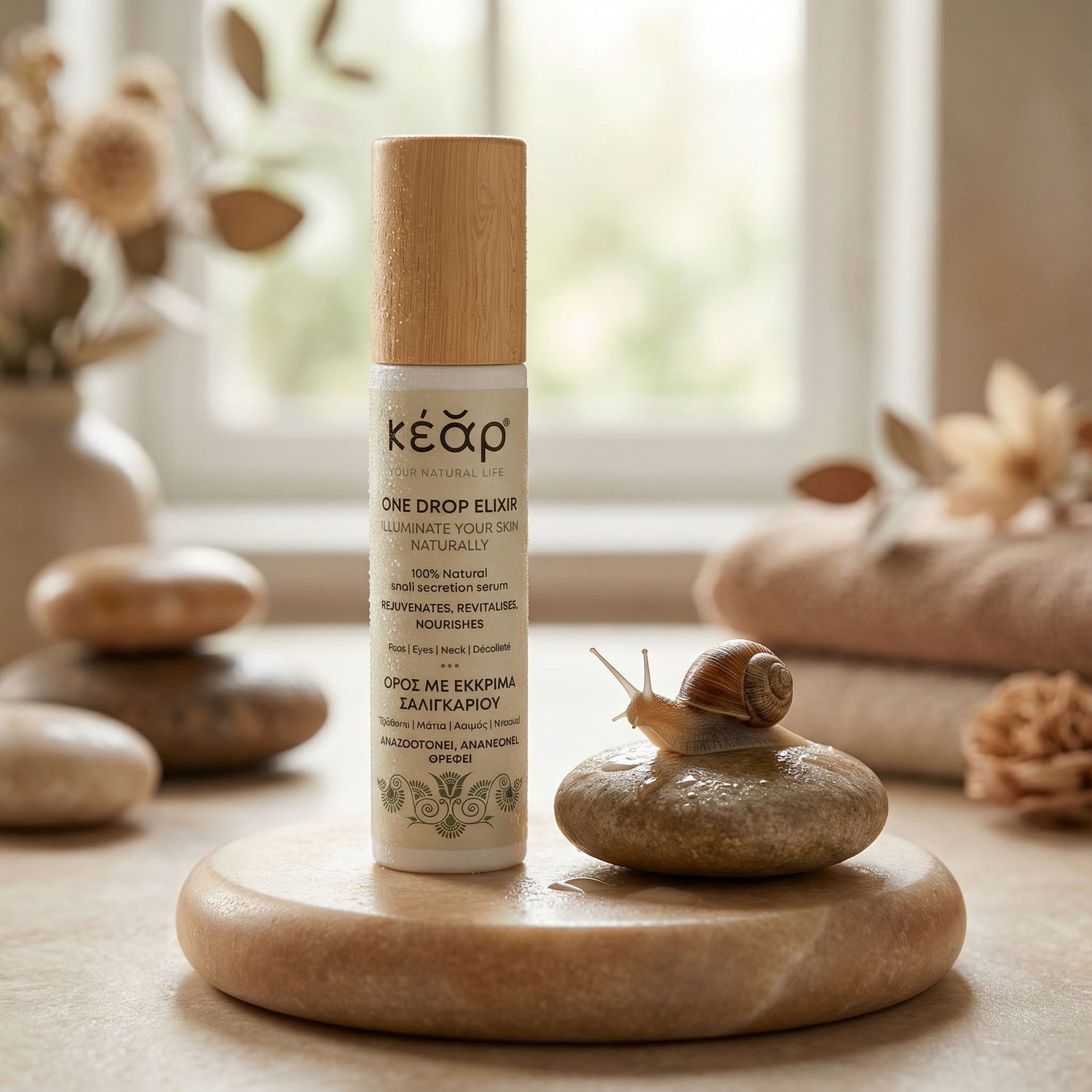 Closeup of Kear One Drop Elixir face & eyes serum with snail secretion.