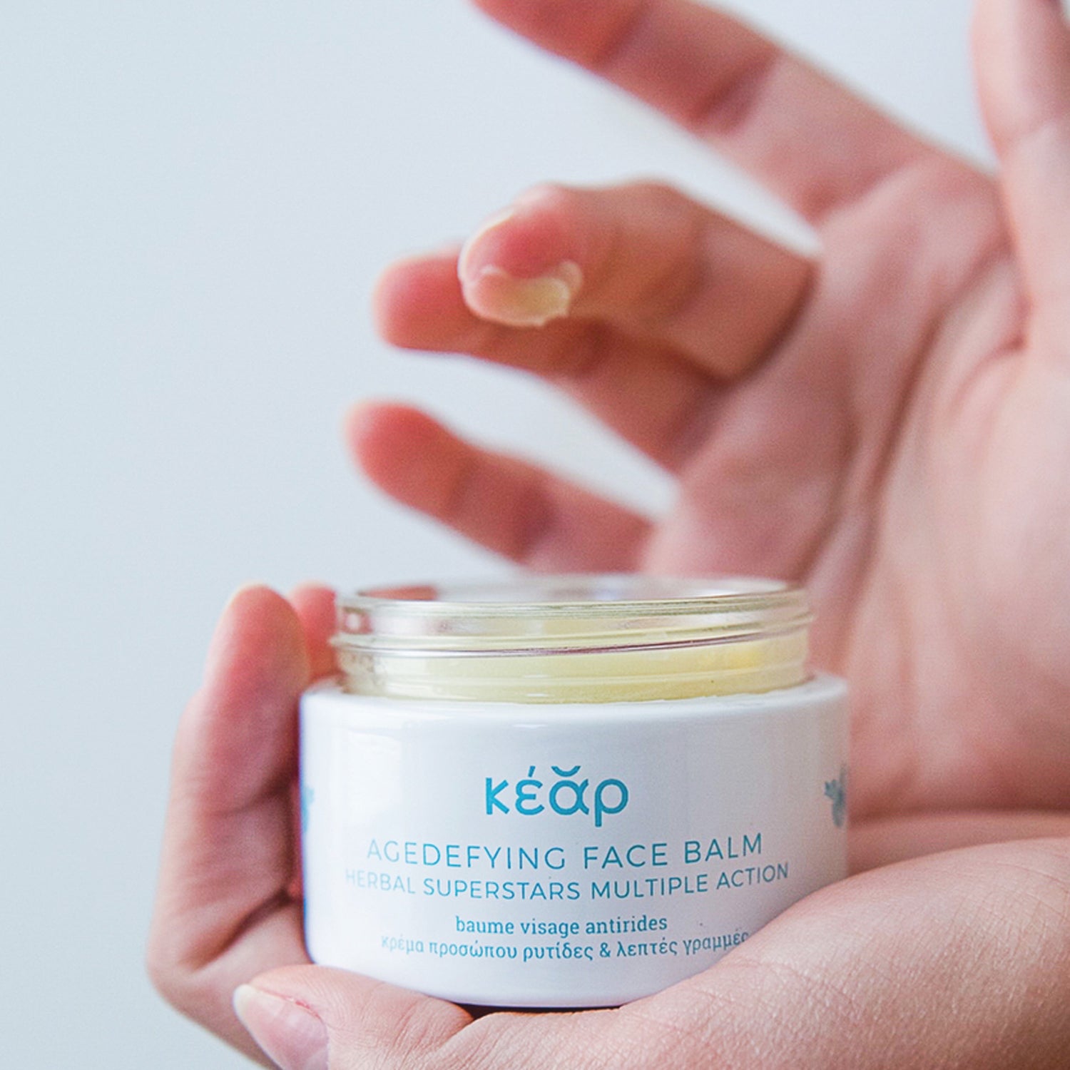 Texture of Kear waterless AgeDefying face balm with herbal superstars.