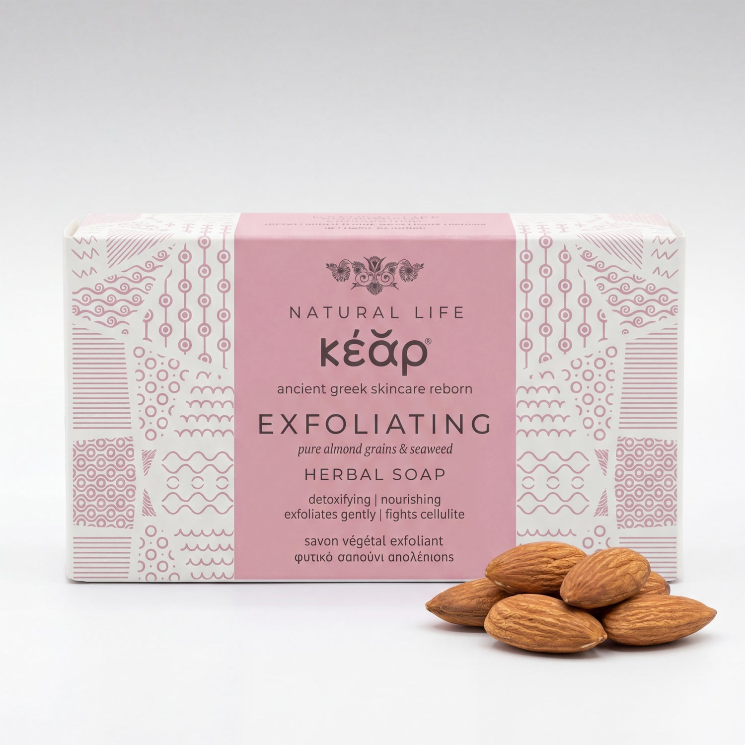 Kear Exfoliating Herbal Soap with almond grains and seaweed extract.