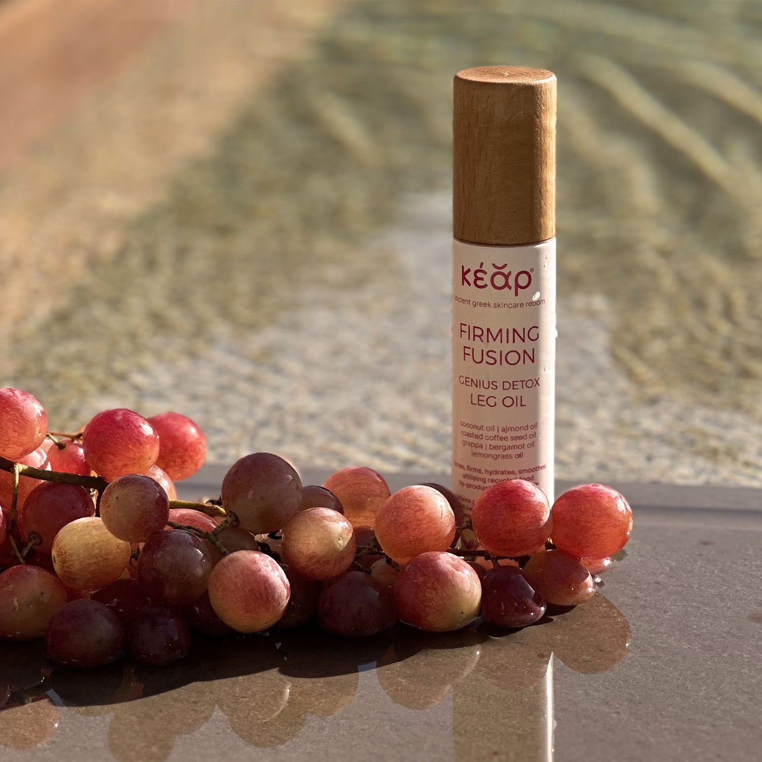 Kear firming Fusion natural body oil with coffee seeds and grape-seed extract against orange-peel skin.