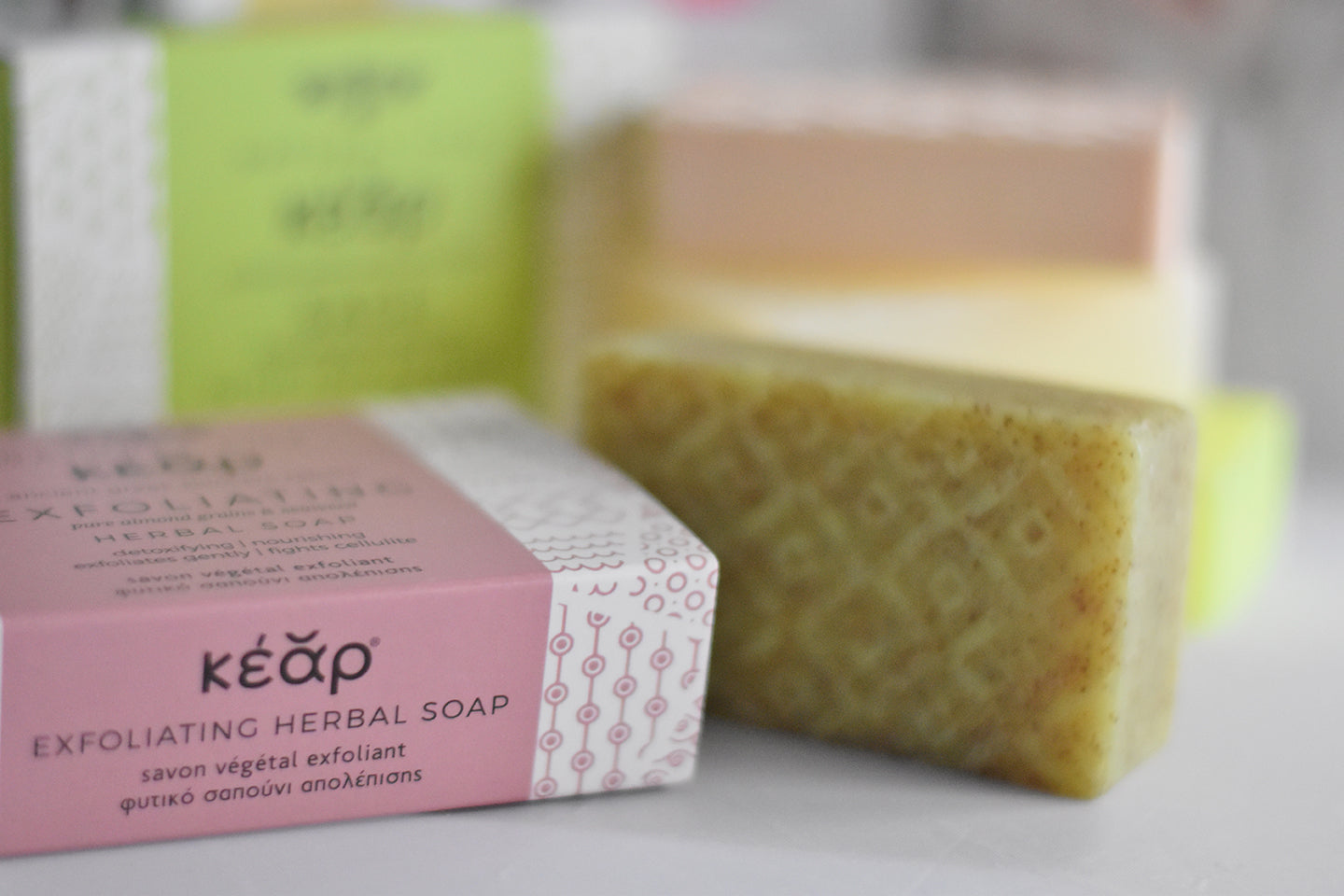 Closeup of Kear natural and plant-based soap bars.