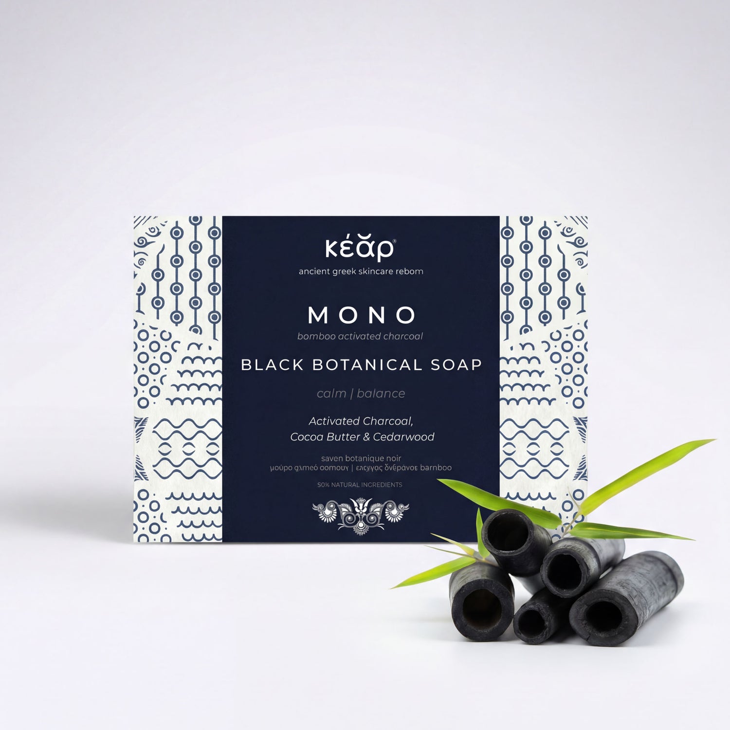 Kear MONO Black Botanical Soap with activated charcoal and Kear's signature fragrance.
