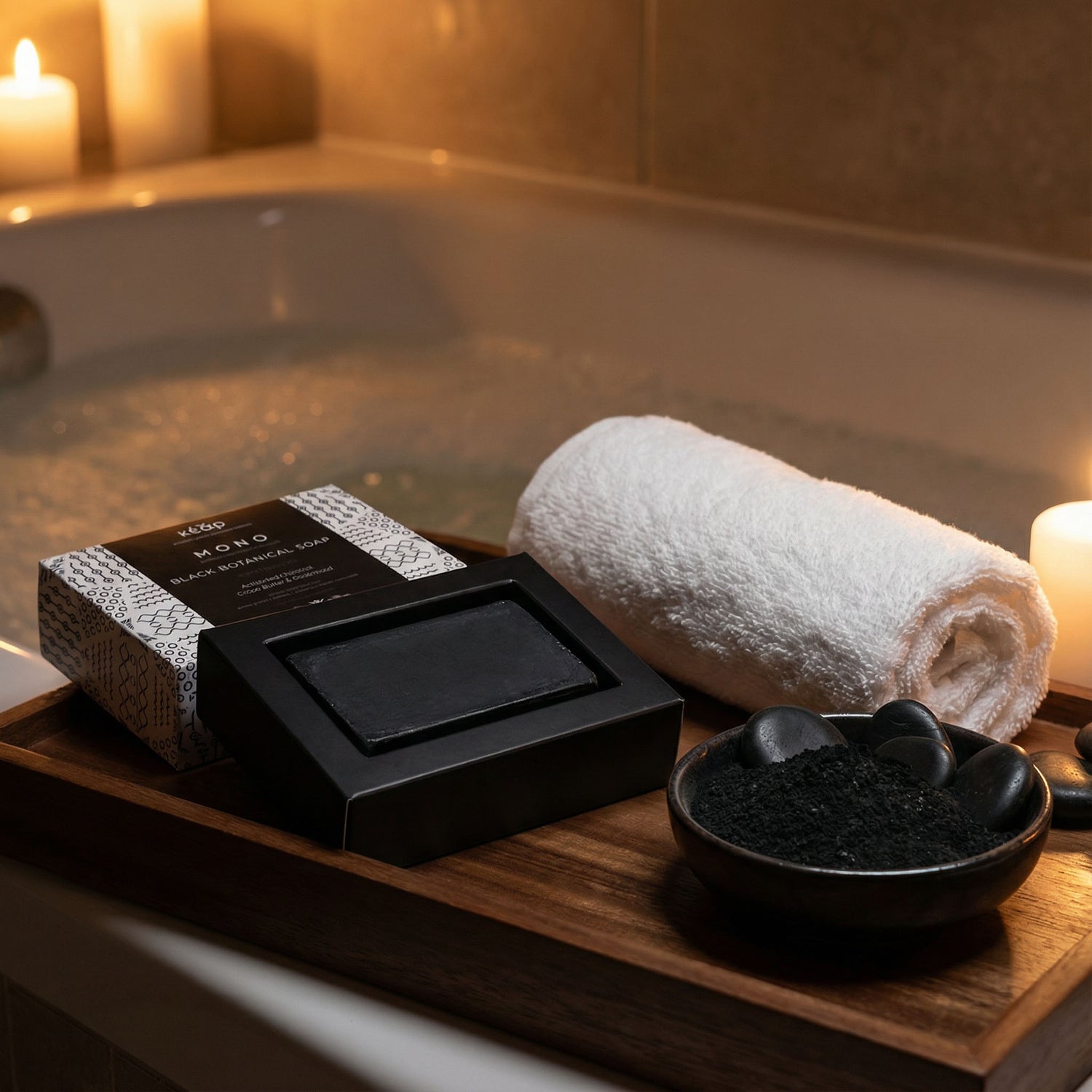 Kear MONO Black Botanical Soap with activated charcoal on a wooden tray in a cozy bathroom setting.