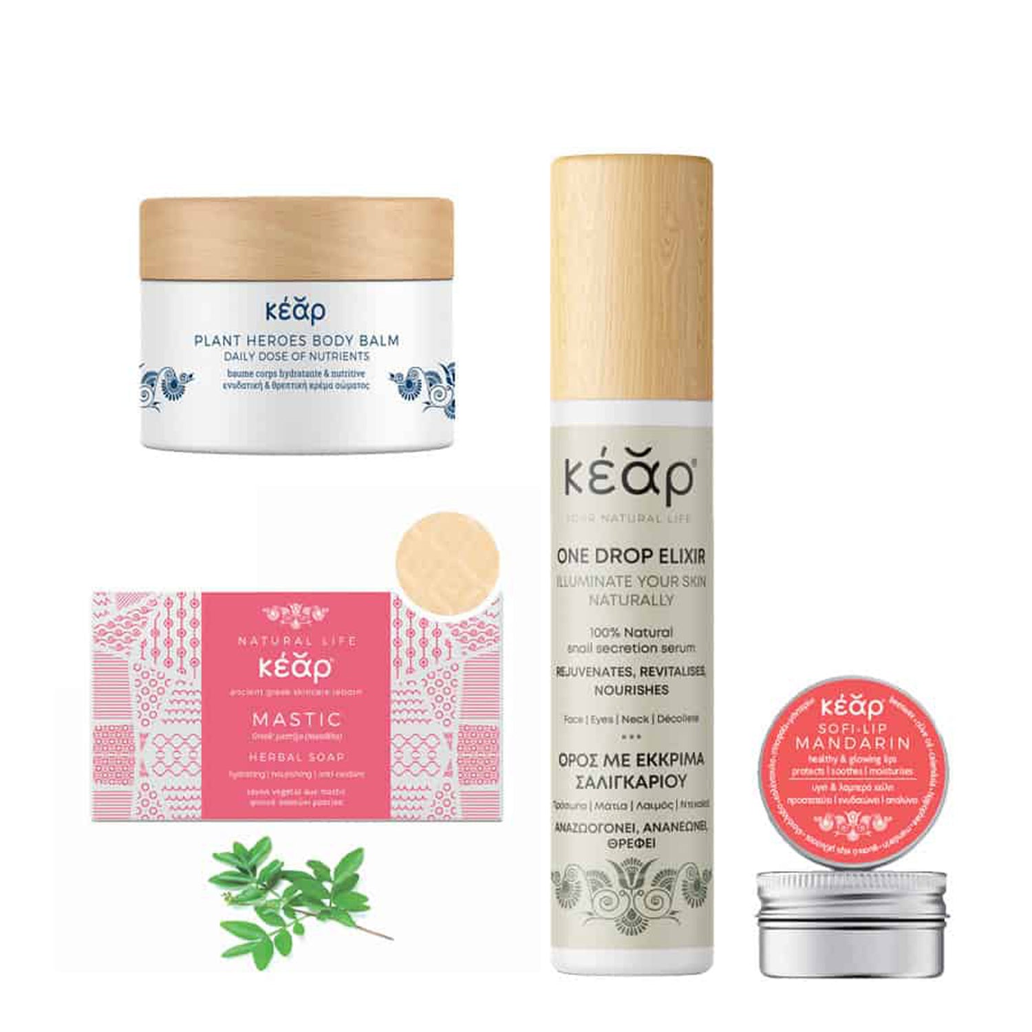 Kear natural skincare set with Plant Heroes waterless body balm, Mastic Herbal Soap, One Drop Elixir serum and SofiLip Mandarin natural lip balm.
