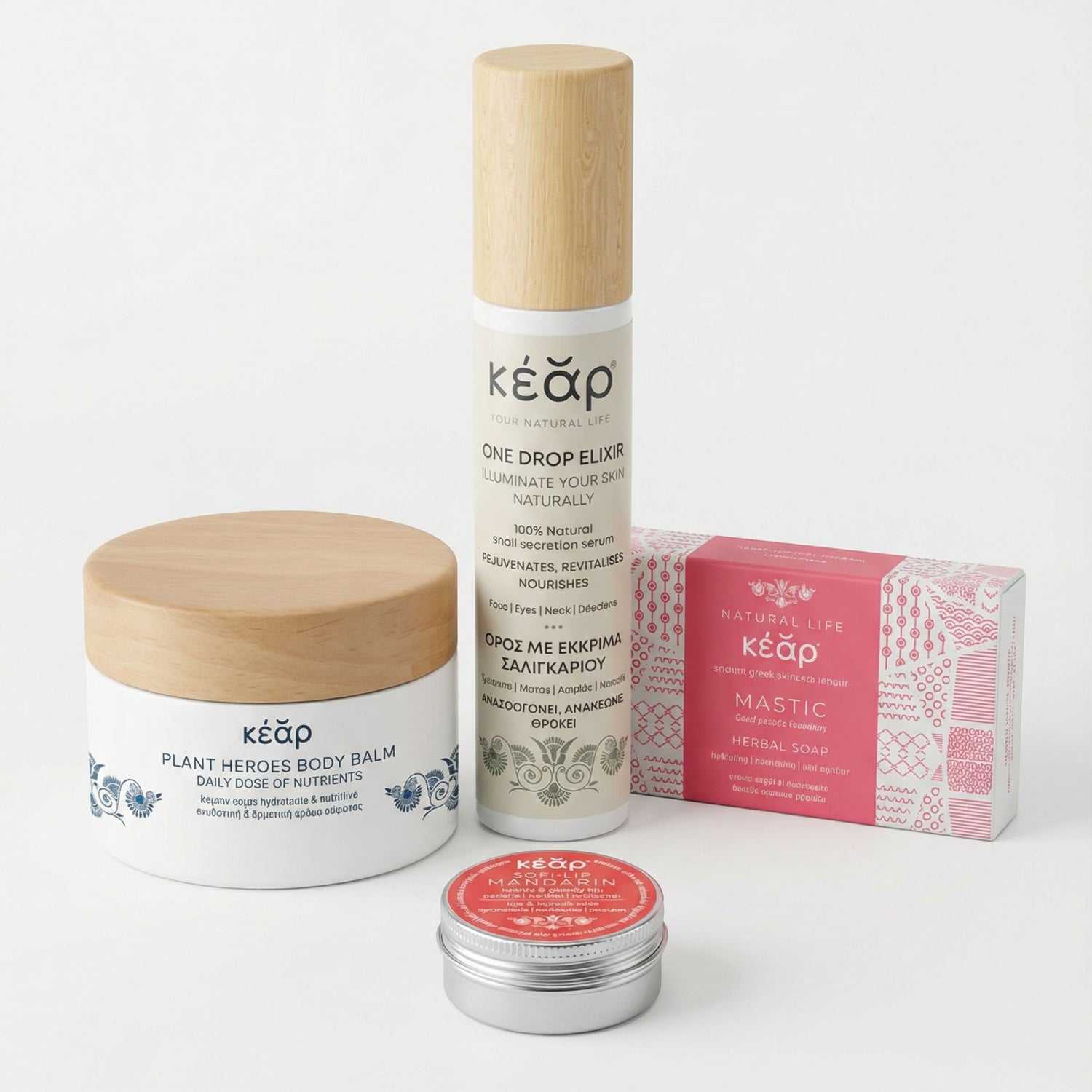 Kear beauty set with Plant Heroes waterless body balm, Mastic Herbal Soap, One Drop Elixir face & eyes serum and SofiLip Mandarin natural lip balm.
