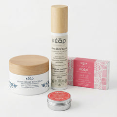 Kear beauty set with Plant Heroes waterless body balm, Mastic Herbal Soap, One Drop Elixir face & eyes serum and SofiLip Mandarin natural lip balm.