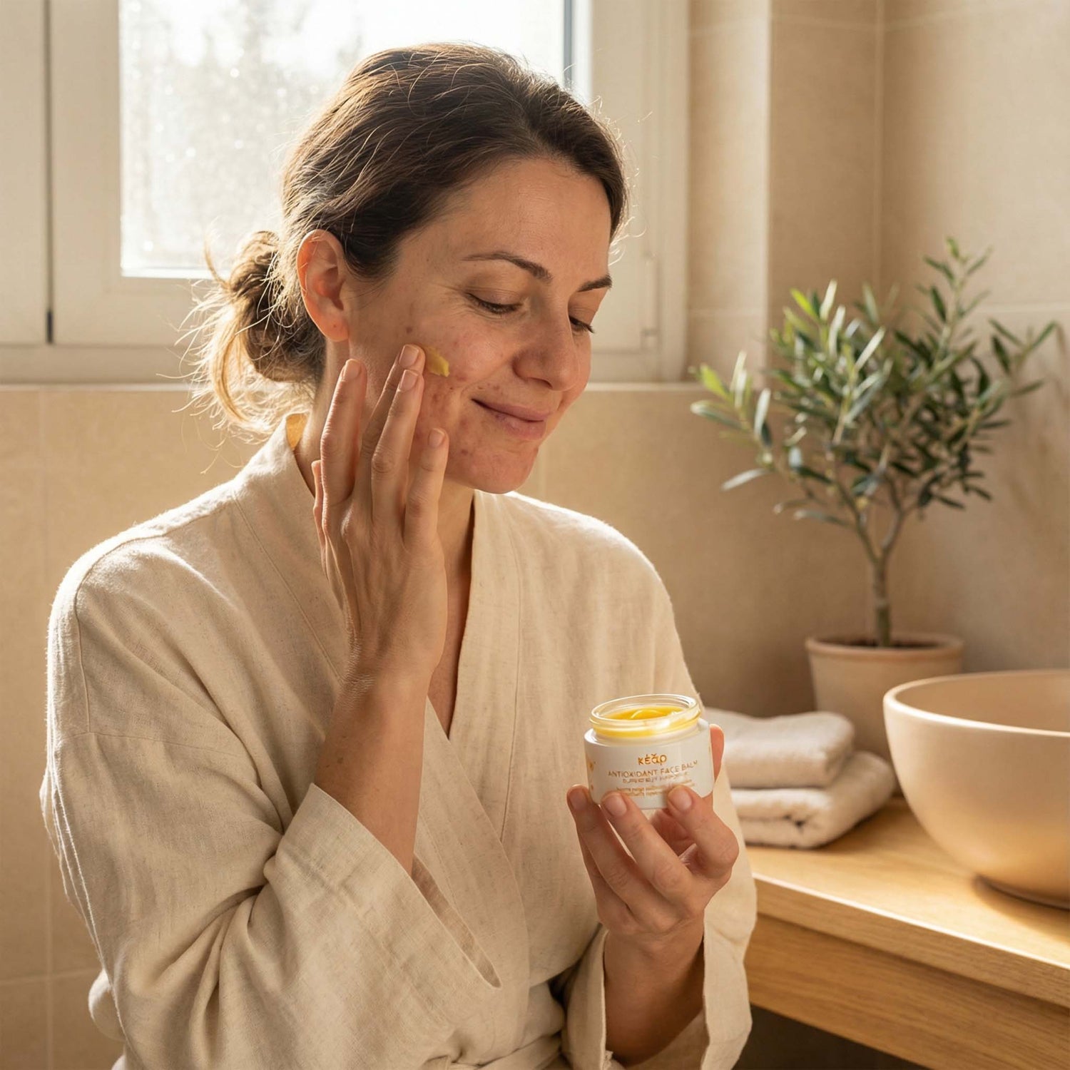 Woman applying Kear waterless AntiOxidant face balm with sea buckthorn superfood.
