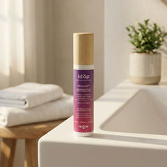 Kear MiraCool face, Eyes Cream with bakuchiol, aloe and hyaluronic acid on a bathroom counter.