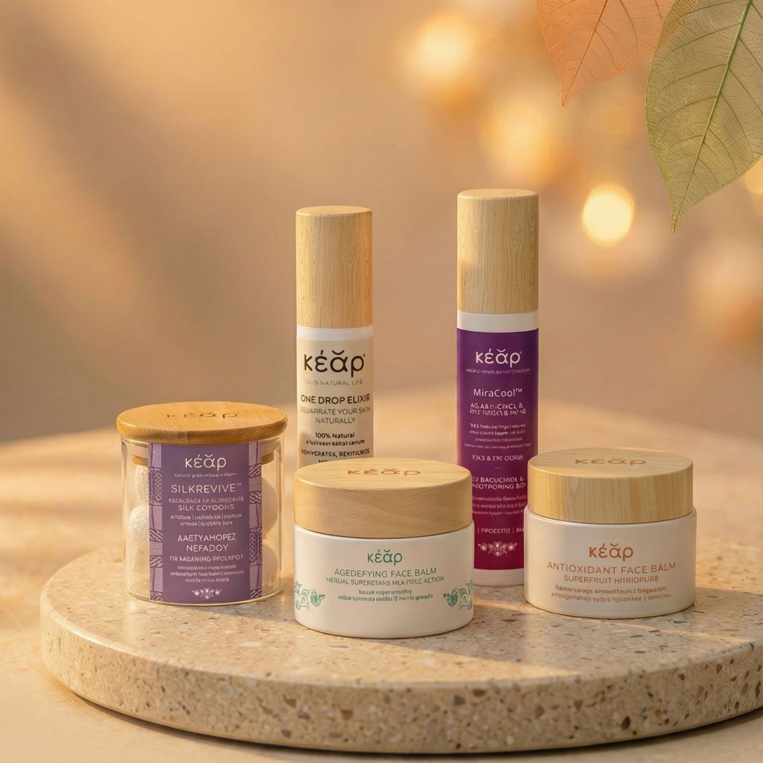 Kear face collection natural skincare - AgeDefying Face balm, AntiOxidant Face balm, One Drop Elixir serum and MiraCool fcae & eyes cream.