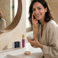 Use of Kear natural skincare beauty set with AgeDefying face balm, MiraCool face and eyes cream, and MONO black Botanical Herbal Soap.