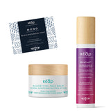 Kear natural skincare set with AgeDefying face balm, MiraCool face and eyes cream, and MONO black Botanical Herbal Soap.