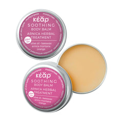 Closeup of Kear travel size waterless Soothing body balm with arnica extract.