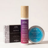 Kear natural skincare face and body set with MiraCool face and eyes cream, MONO black Botanical Herbal Soap and KysonMe body butter.