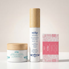 Kear natural skincare face and body set with Agedefying face balm, Hydrate Relax Body Oil and Mastic Herbal Soap.