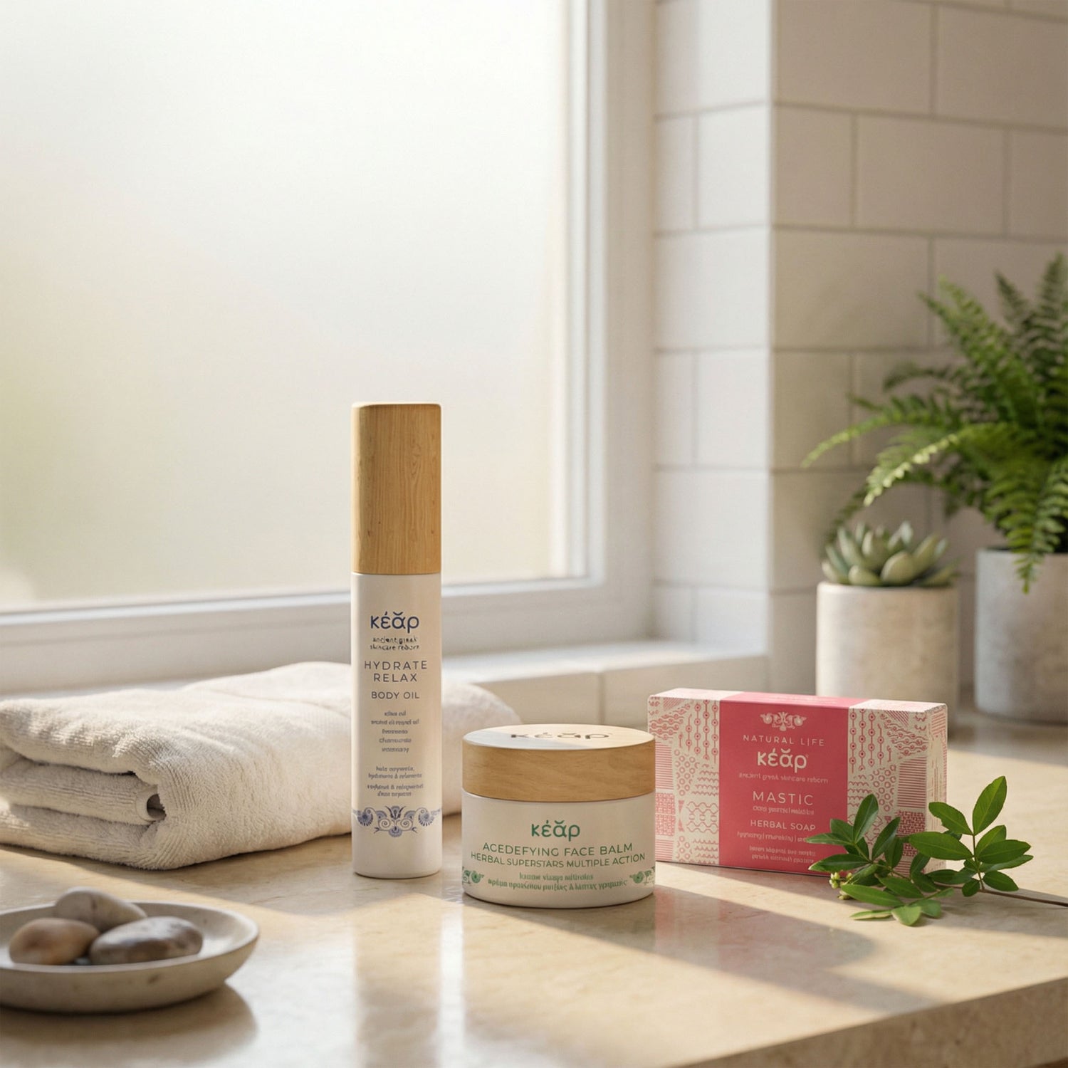 Kear Hydrate Relax body oil, AgeDefying face balm and Mastic Herbal soap on bath countertop.