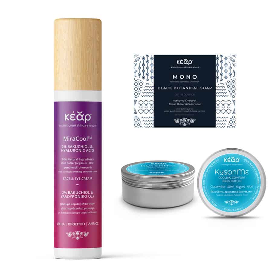 Kear natural skincare face and body set with MiraCool face and eyes cream, MONO black Botanical Herbal Soap and KysonMe body butter.