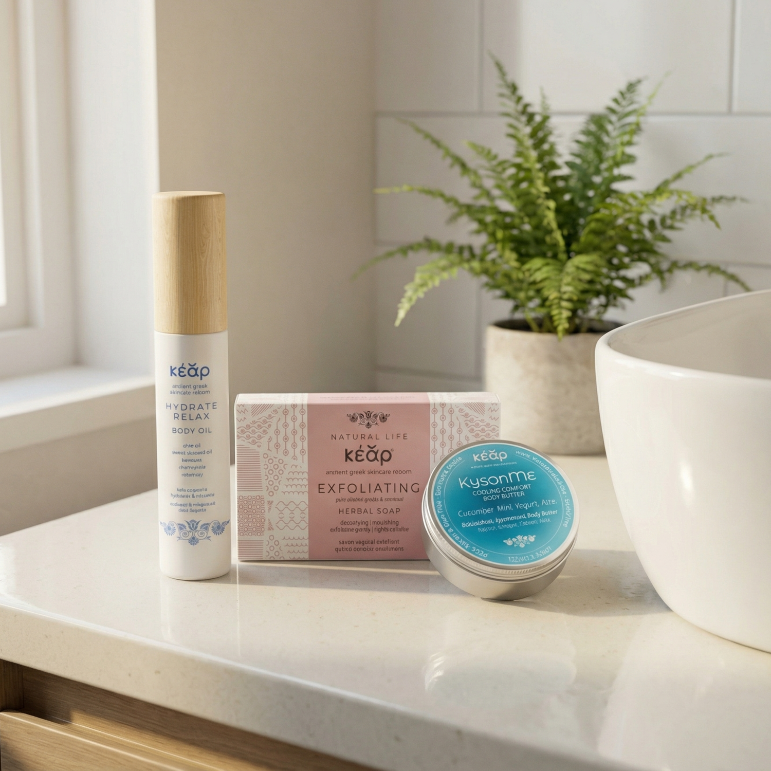 Kear Hydrate Relax Body oil, Exfoliating Herbal soap and KysonMe body butter on a bath countertop.